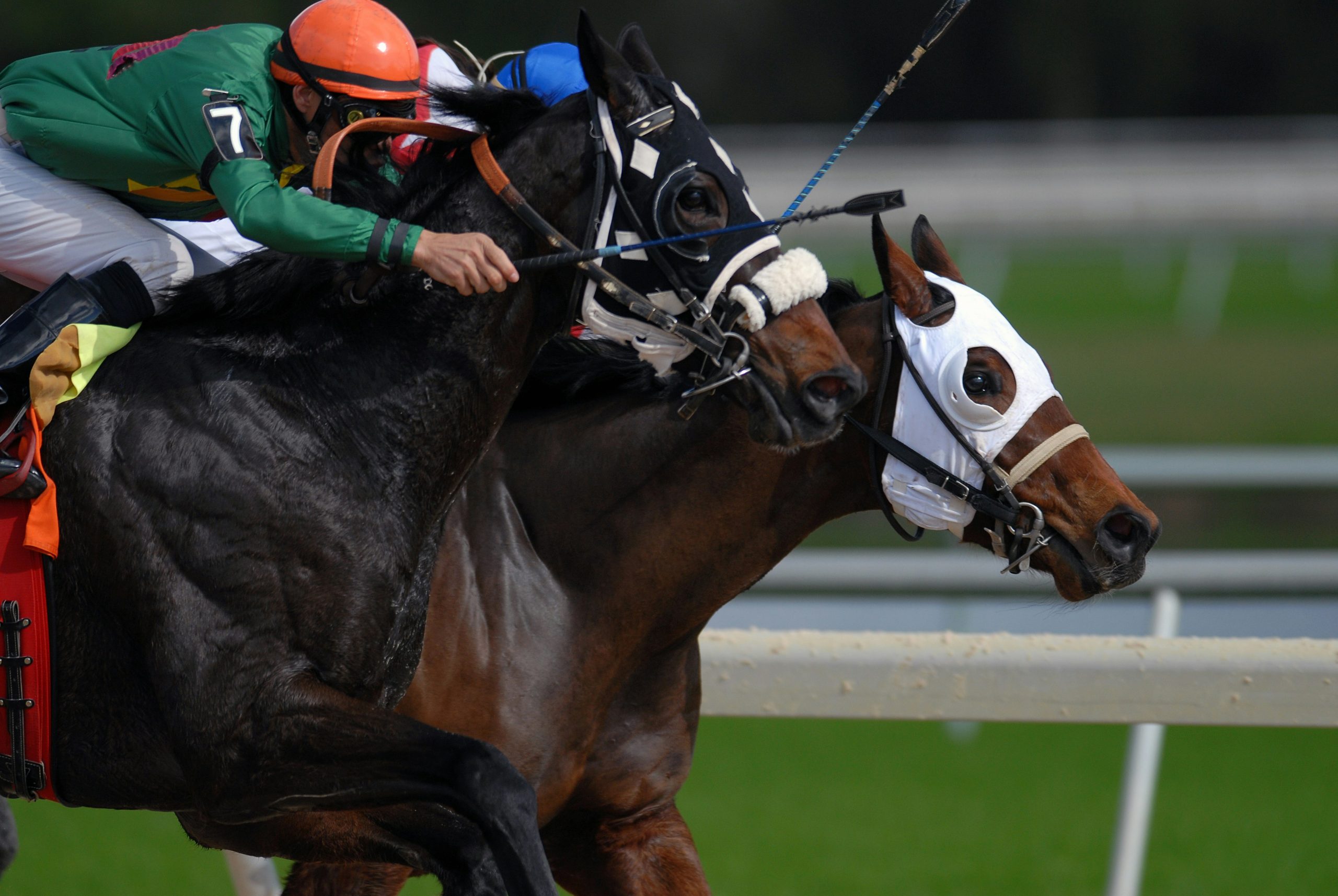 Racehorses and jockeys competing on a racecourse